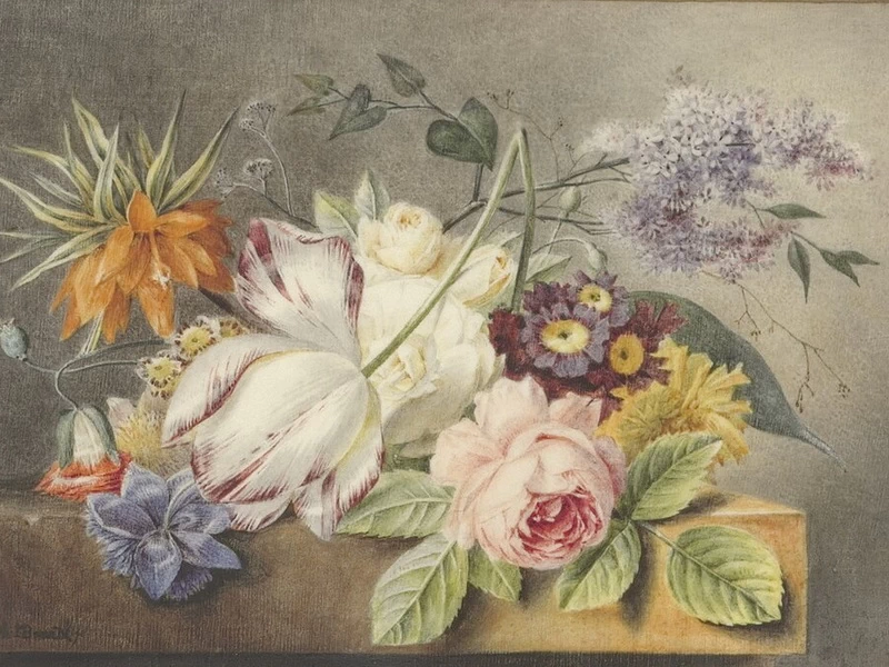 1787-Albertus Jonas Brandt - Alcuni fiori su un tavolo di marmo